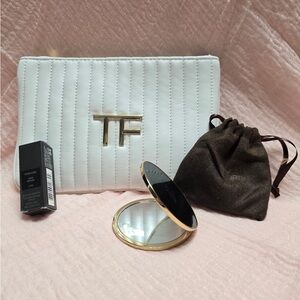 Tom Ford Beauty White Quilted Clutch Bundle, Mirror and 2Ml Sample Oud Wood NIB